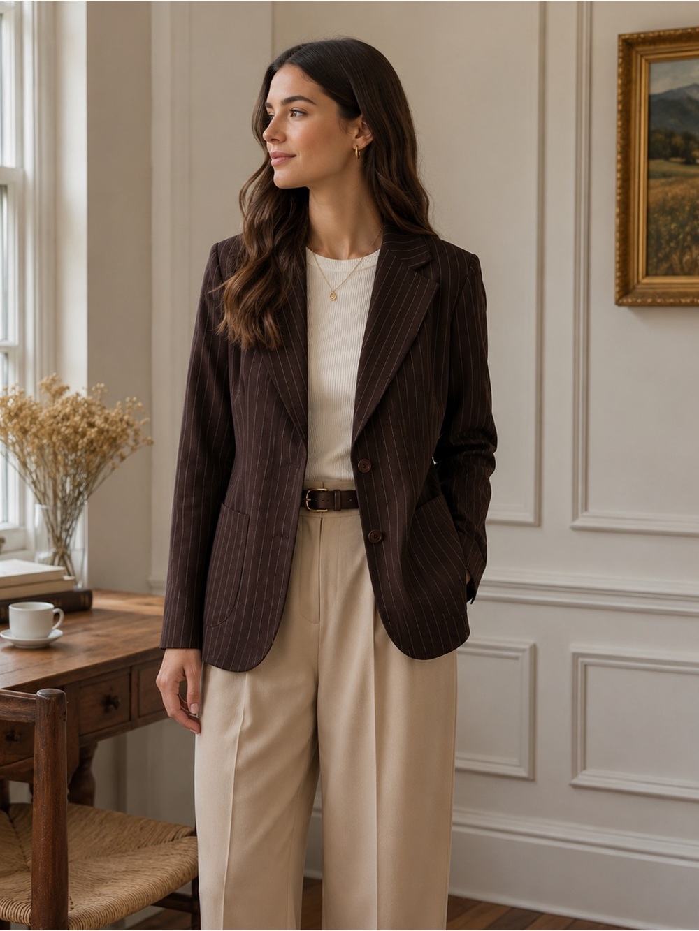 Vintage Happy Legs Chocolate Brown Pinstripe Blazer Jacket XS Career Office Chic